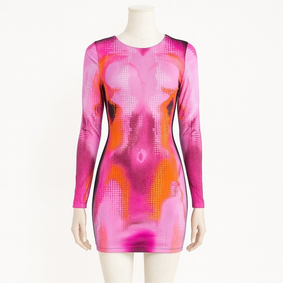 White Fox Boutique Dresses & Skirts - White Fox Boutique‎ Bodycon Mini Dress Pink Orange Abstract Print Long Sleeve